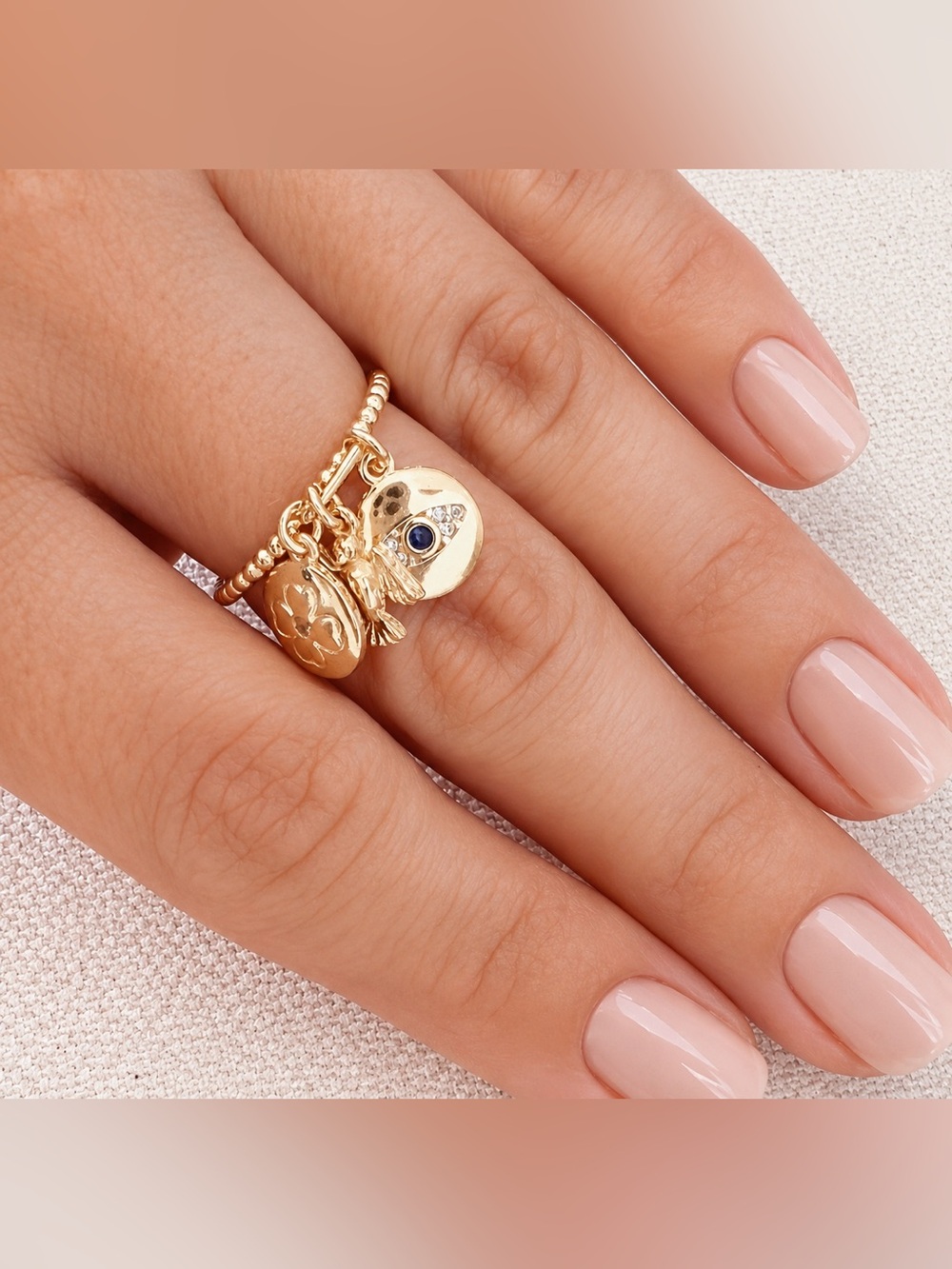 18K Gold Filled Protection Charms Ring | Clover Dove & Evil Eye | Size 6